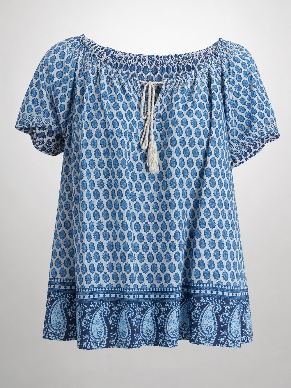 Joie Blue Paisley Tie-Neck Peasant Top
